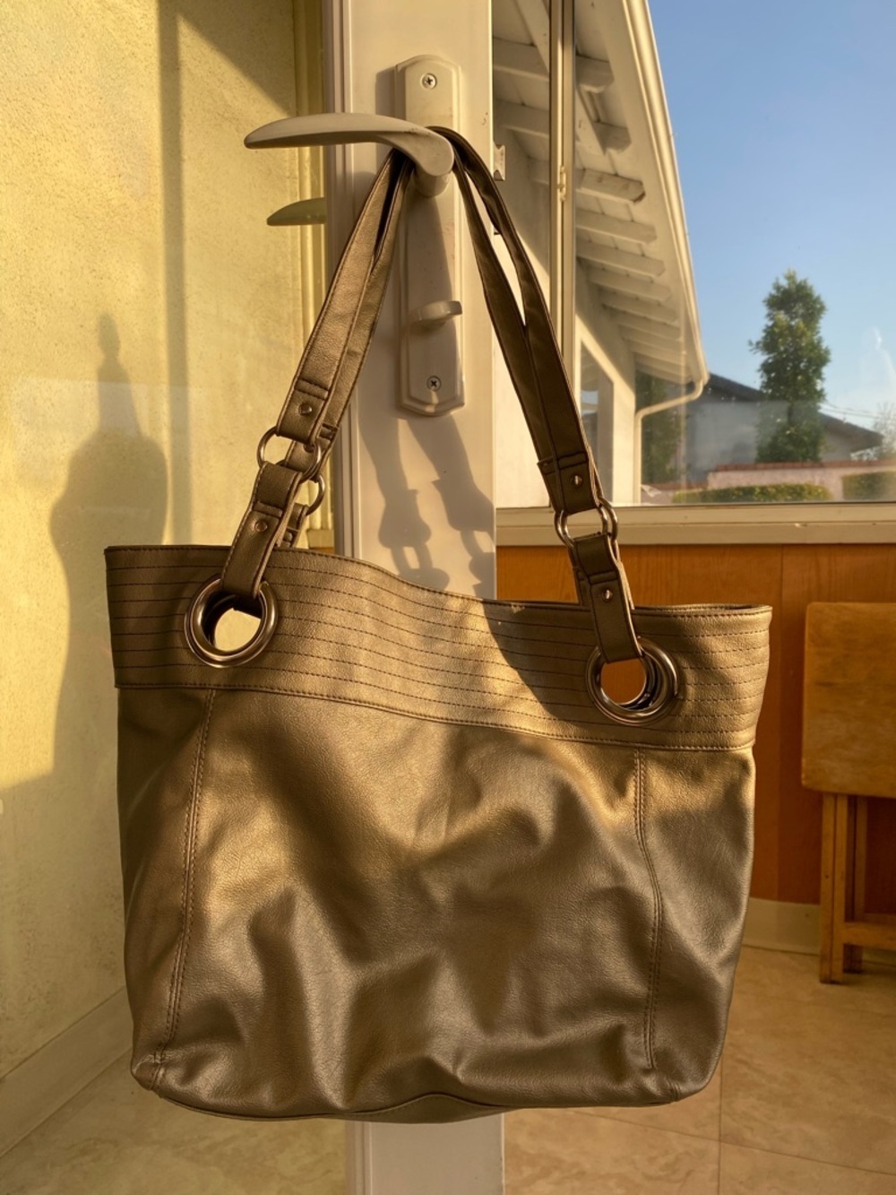 PEWTER METALLIC TOTE BAG a with SILVER RING HARDWARE SHOULDER BAG LARGE